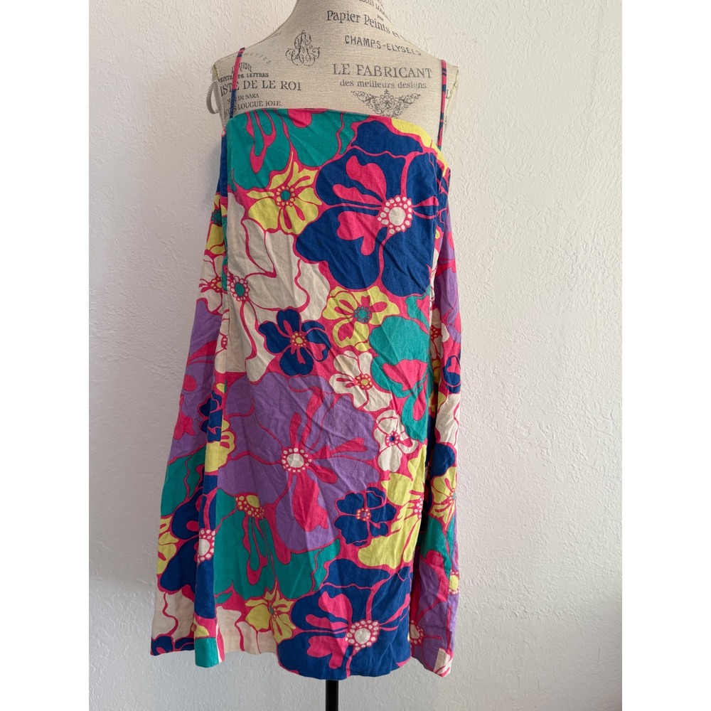 Gap Floral Linen Blend Mini Dress XXL Sleeveless Square Neck Pink Blue Yellow